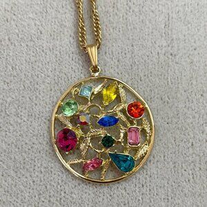 Vintage Gold-tone and Multi-color Rhinestone Round Pendant on Long Chain Unmarke